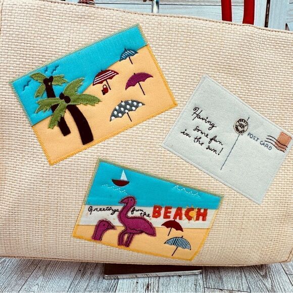 Fossil Forever Faux Straw Beach Vacation Tote Shoulder Bag Large Cream Red - Picture 6 of 12